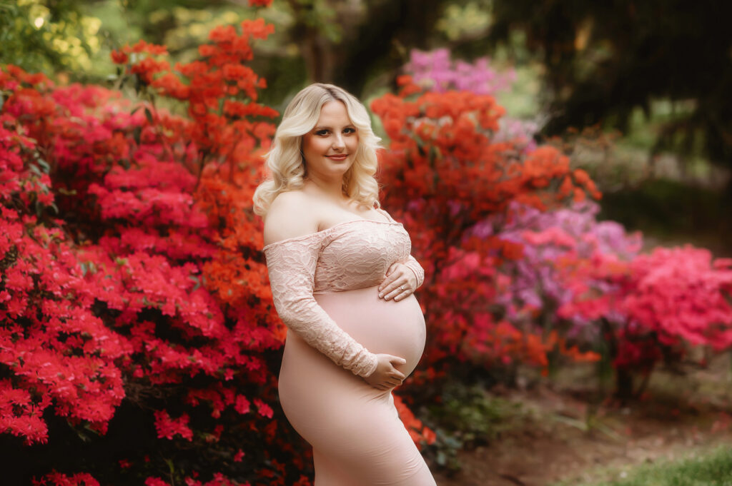 Pregnant woman poses for Maternity Photos in Charleston, South Carolina. 