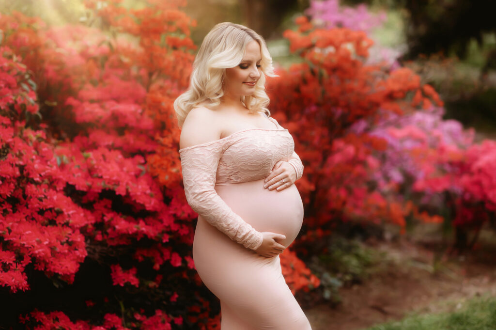 Pregnant woman poses for Maternity Photos in Charleston, South Carolina.
