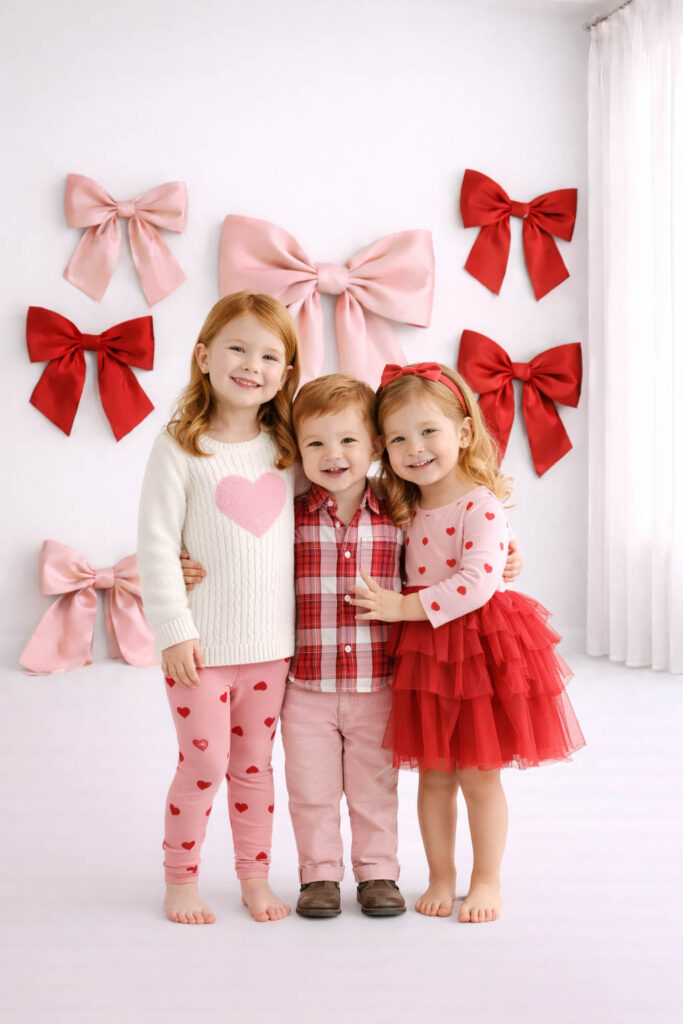 Siblings embrace during Valentine's Mini Session at Holy City Babies Portrait Studio. 
