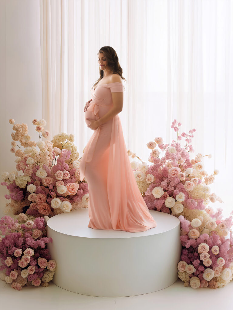 Pregnant mother poses for Maternity Photos in Charleston, SC Maternity Photography Studio.