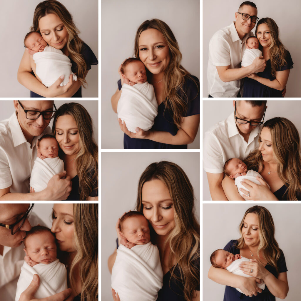 New parents embrace their infant during Luxury Newborn Photography Session at Holy City Babies Newborn Photography studio in Charleston, SC. 