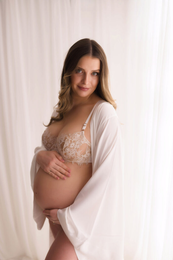 Expectant Mother poses for Studio Maternity Portrait Session at Holy City Babies Maternity Portrait Studio in Charleston, SC.