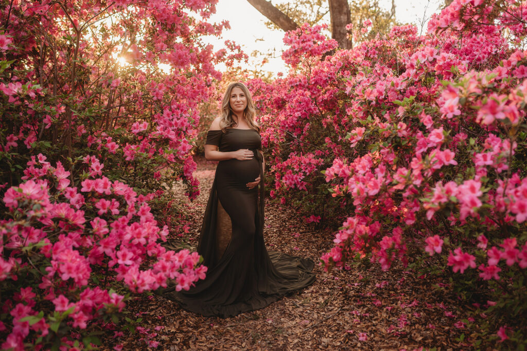 Expectant Mother poses for spring Maternity Photoshoot with Holy City Babies Maternity Photography in Charleston, SC.