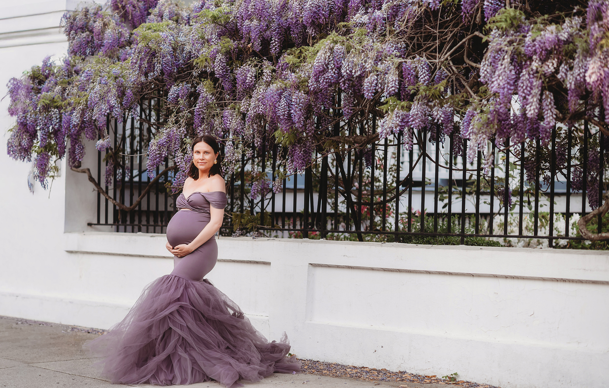 Expectant mother poses for Maternity Portraits beneath beautiful purple wisteria blooms in Charleston, SC.