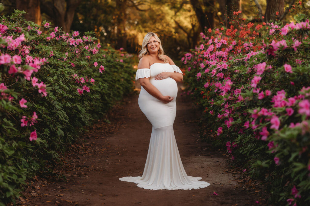 Expectant Mother poses for spring Maternity Photoshoot with Holy City Babies Maternity Photography in Charleston, SC.