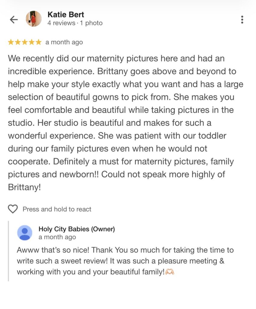 Actual Reviews from Past Maternity Portrait Clients for Holy City Babies Photo Studio in Charleston, SC. 