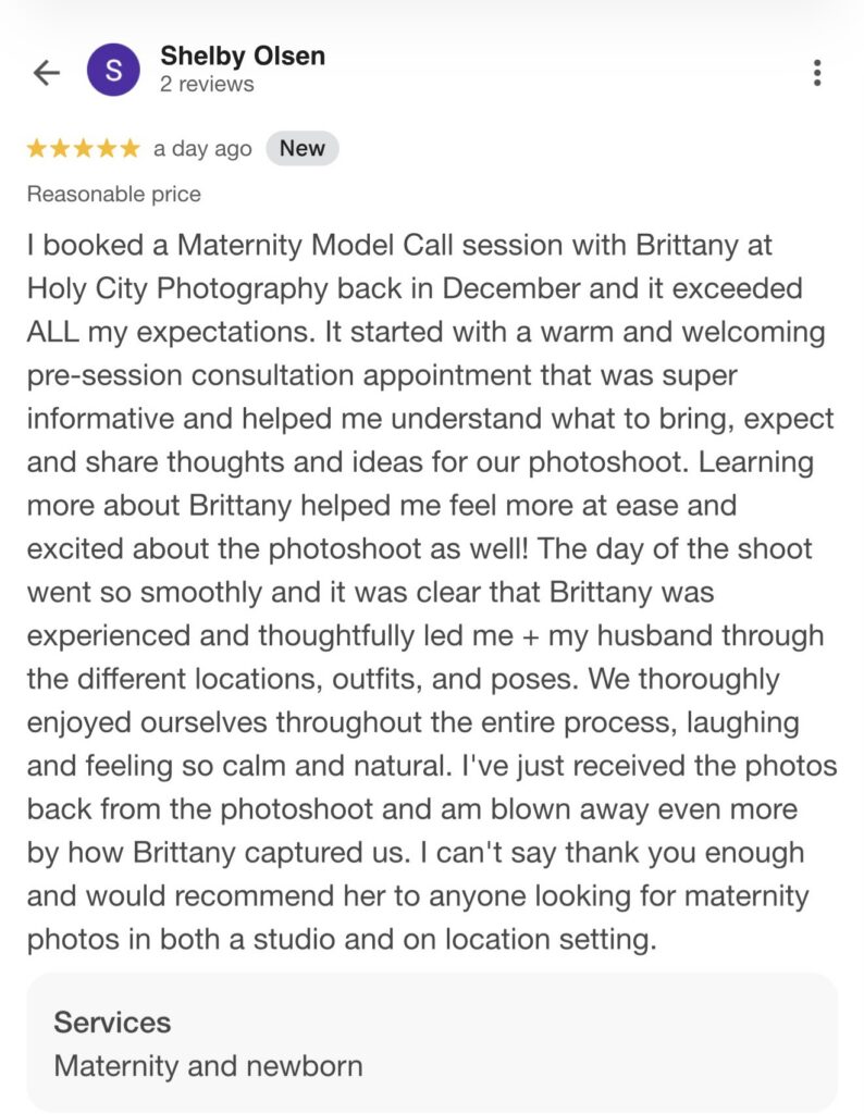 Actual Reviews from Past Maternity Portrait Clients for Holy City Babies Photo Studio in Charleston, SC. 