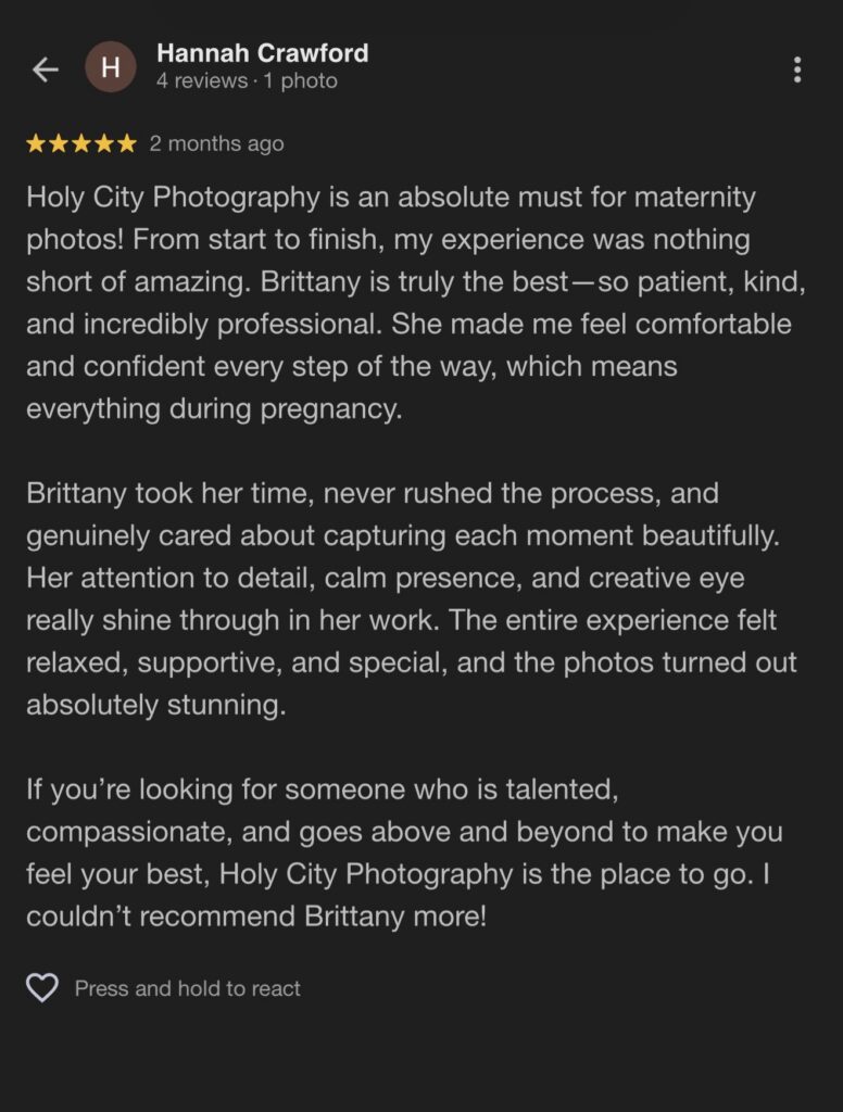 Actual Reviews from Past Maternity Portrait Clients for Holy City Babies Photo Studio in Charleston, SC. 
