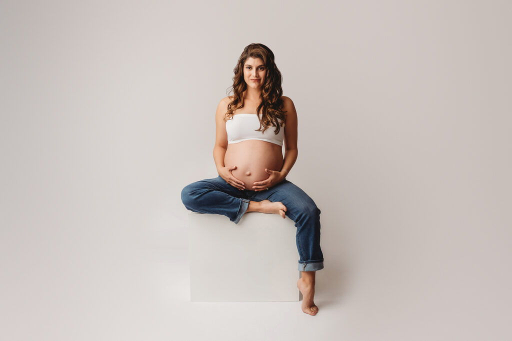 Pregnant mother poses for Studio Maternity Portraits at Holy City Babies Portrait Studio in Charleston, SC. 