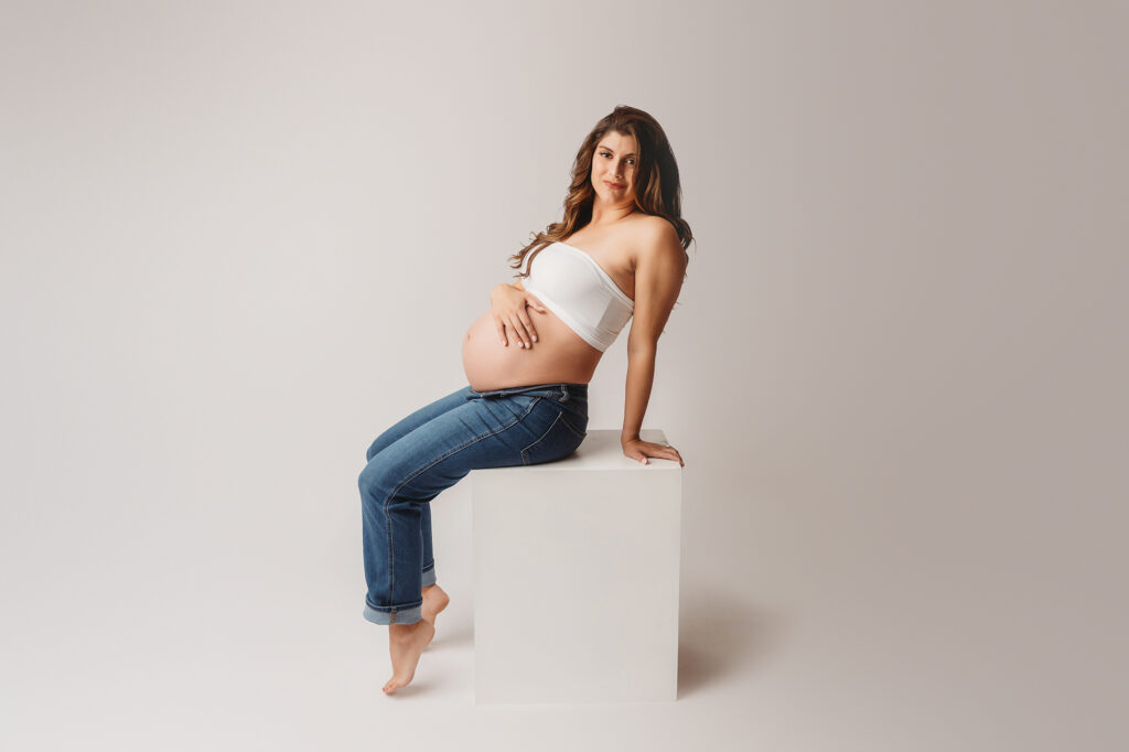 Charleston Maternity Photographer |  What to Wear for Maternity Photos - Pregnant mother poses for Studio Maternity Portraits at Holy City Babies Portrait Studio in Charleston, SC. 