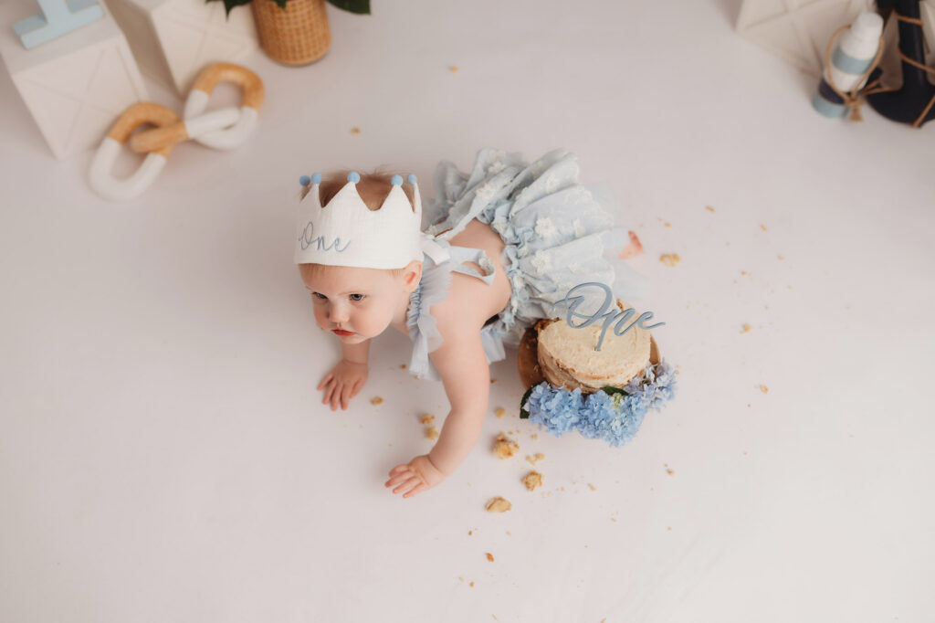 Baby celebrates first birthday with a Milestone, First Birthday Cake Smash Photoshoot at Holy City Babies Portrait Studio in Charleston, SC.