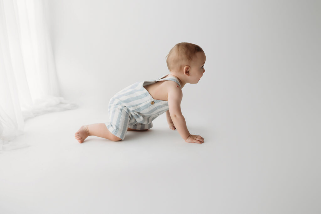 Baby celebrates first birthday with a Milestone, First Birthday Cake Smash Photoshoot at Holy City Babies Portrait Studio in Charleston, SC.